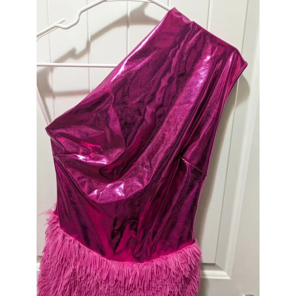 One Shoulder Metallic Feather Hem Cocktail Party Mini Dress Fuchsia Pink Size XS